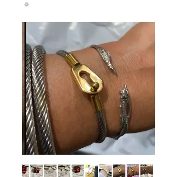 🗝️🖤•Industrial Chic Multi Tone Cable Bracelet Set – Gold Lock & Heart Charm - Picture 9 of 12